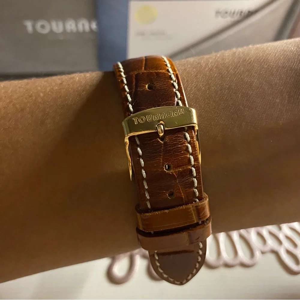 Tourneau 18K Gold Open Heart Brown Leather Watch Vintage 30022